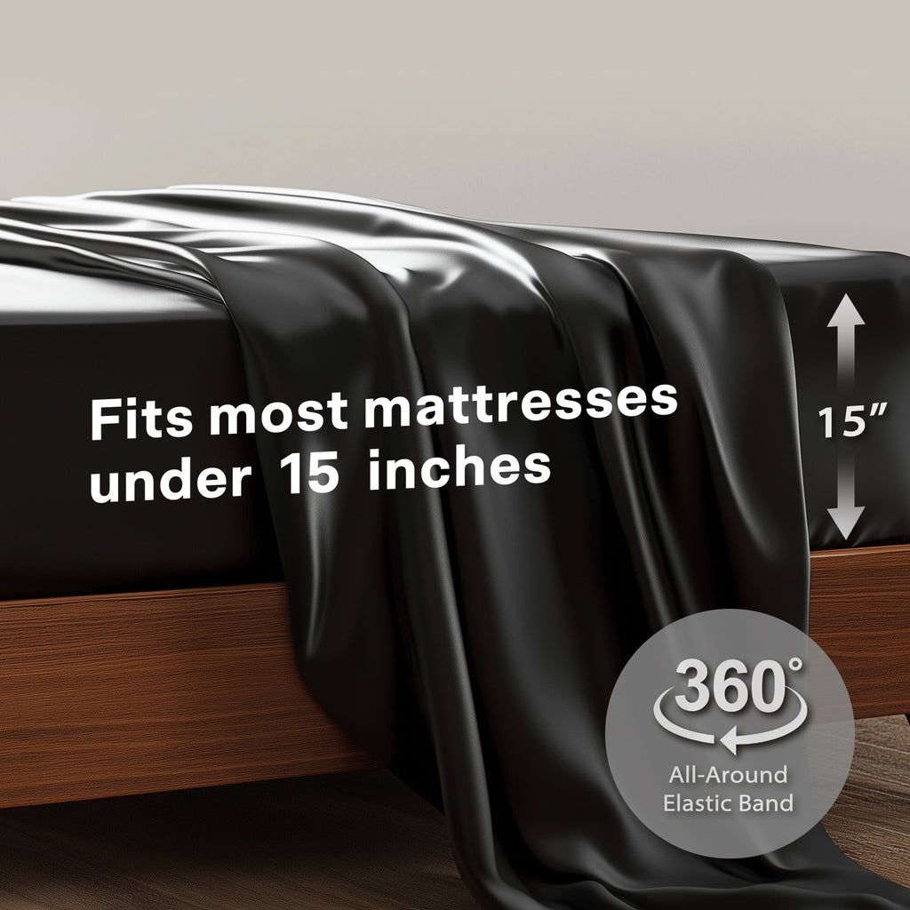 Premium Egyptian Cotton Queen Silk Black Bed Sheet Set,4 Pieces 1800 Microfiber 2 Pillowcase 20"x30" - Breathable Egyptian Cotton Flat & Fitted Sheets Detail