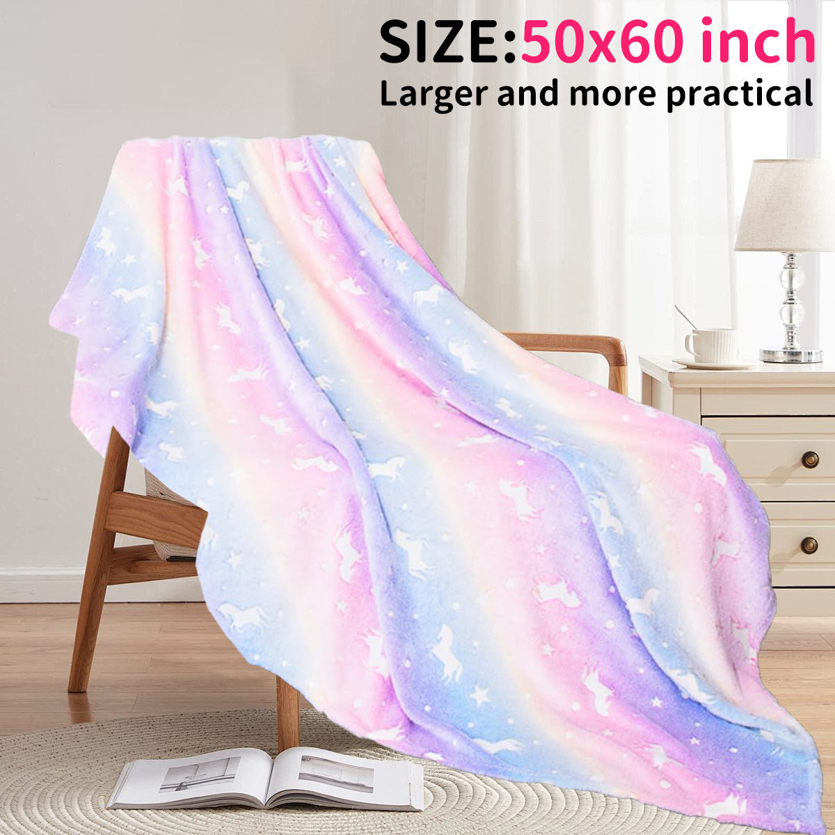 Cozy Fleece Glow in The Dark Pony Blanket for Kids, 50"x60" Soft Cozy Luminous Flannel Blanket, Christmas Birthday Gift for Girls... - Super Soft Reversible Sherpa Flannel Blanket Detail