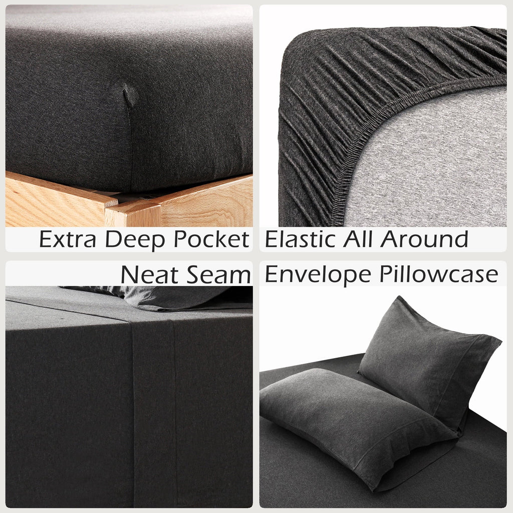 Ultra-Soft 100% Cotton Jersey Knit 4pc Bed Sheet Set Extra Deep Pocket up to 20" Charcoal Gray Queen - Luxury Bed Sheet Set with Deep Pockets Detail