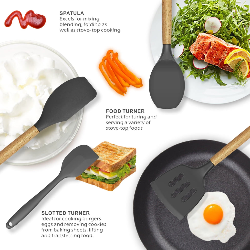 Seamless One-Piece Silicone Cooking Utensils Set - 446°F Heat Resistant Silicone Kitchen Utensils for Cooking,Kitchen Utensil Spatula Se... - Ergonomic Kitchen Tongs and Cooking Spoon Utensil Detail
