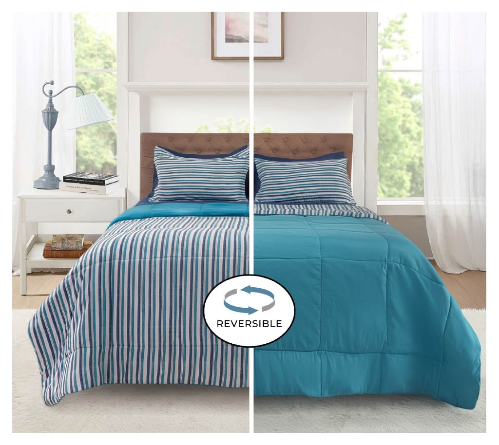 Heavyweight Warmth All in One Reversible Comforter and Sheet Set- 7 Piece, Queen, Blue Pinstripe - All-Season Down Alternative Comforter Insert Detail