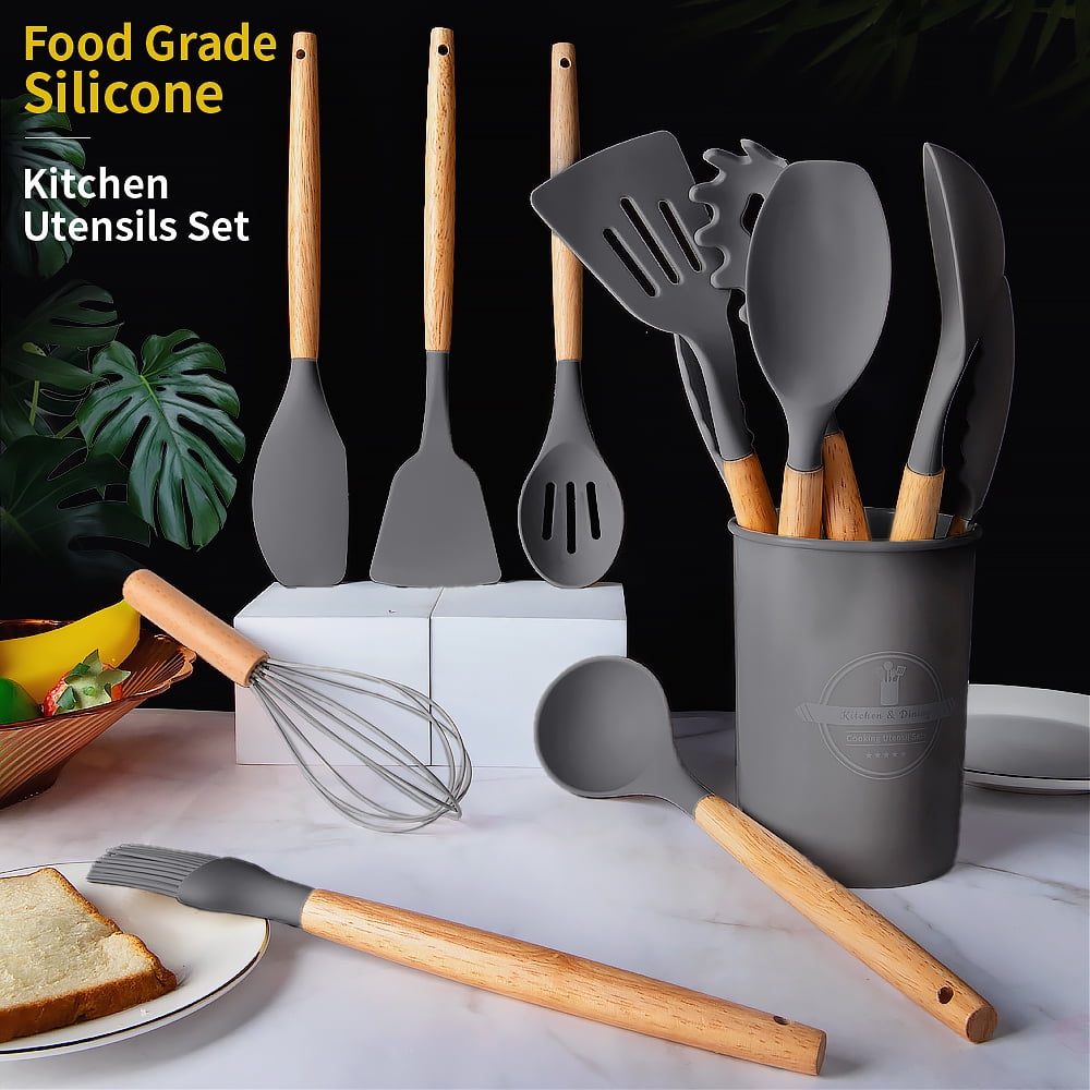 Seamless One-Piece Silicone Wooden Heat Resistant Kitchen Utensil Set, 12 pcs - Heat-Resistant Silicone Cooking Spatula Turner Detail