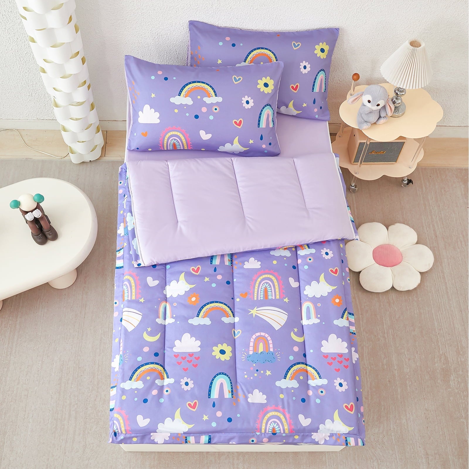 Heavyweight Warmth Zipper Kids Comforter Set, 3-Piece Purple Twin Bed in a Bag, Cartoon Rainbow Stars Flowers Printed Zip Up Comforter S... - Luxurious Quilted Duvet Cover Set Detail