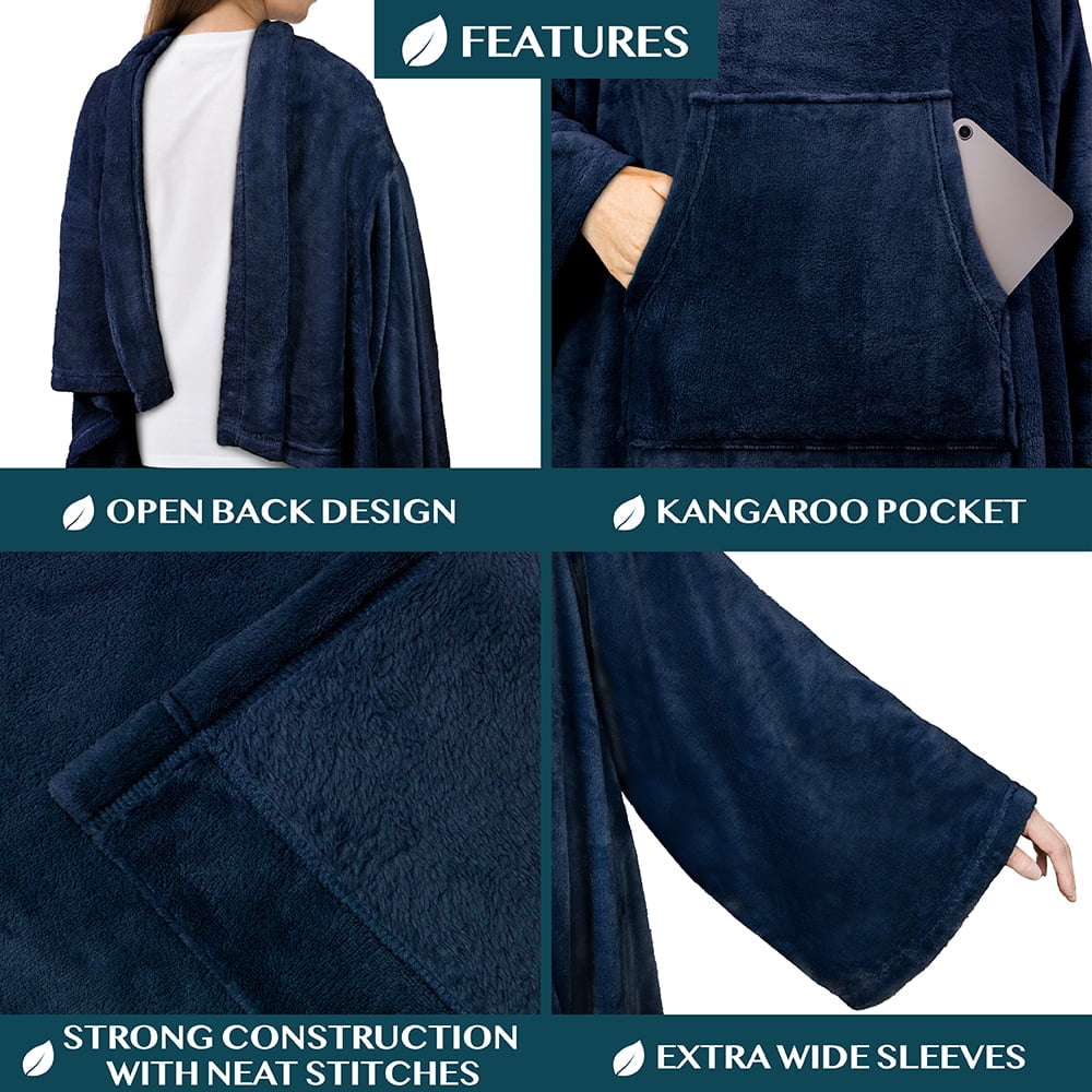 Decorative Knitted Navy Blue Fleece Wearable Blanket with Sleeves for Adults Women Men, Soft Warm Full Body Wrap Throw, Sweatshirt Pocke... - Cozy Fleece Throw Blanket for Couch & Bed Detail