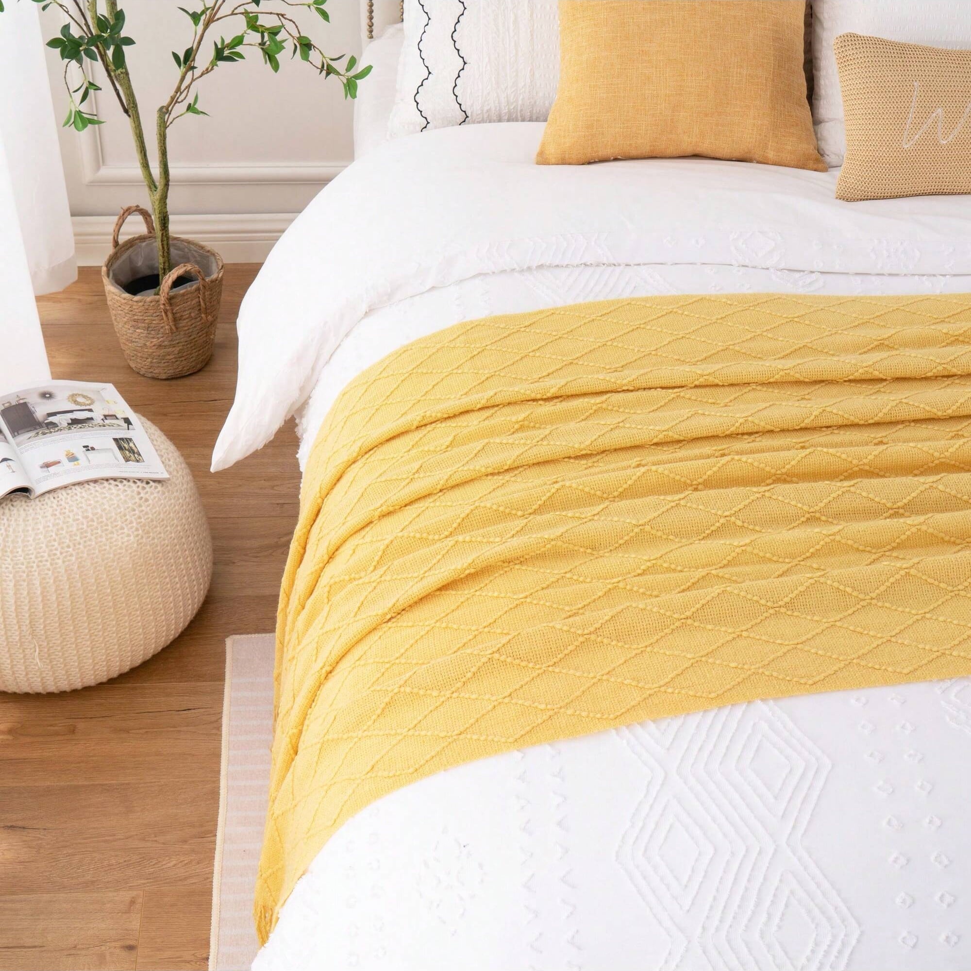 Reversible Sherpa Mustard Throw Blanket for Couch,Gold Yellow Knit Throw with Fringe,Outdoor Throw ,50"x60" - Lightweight Plush Warm Blanket for All Seasons Detail