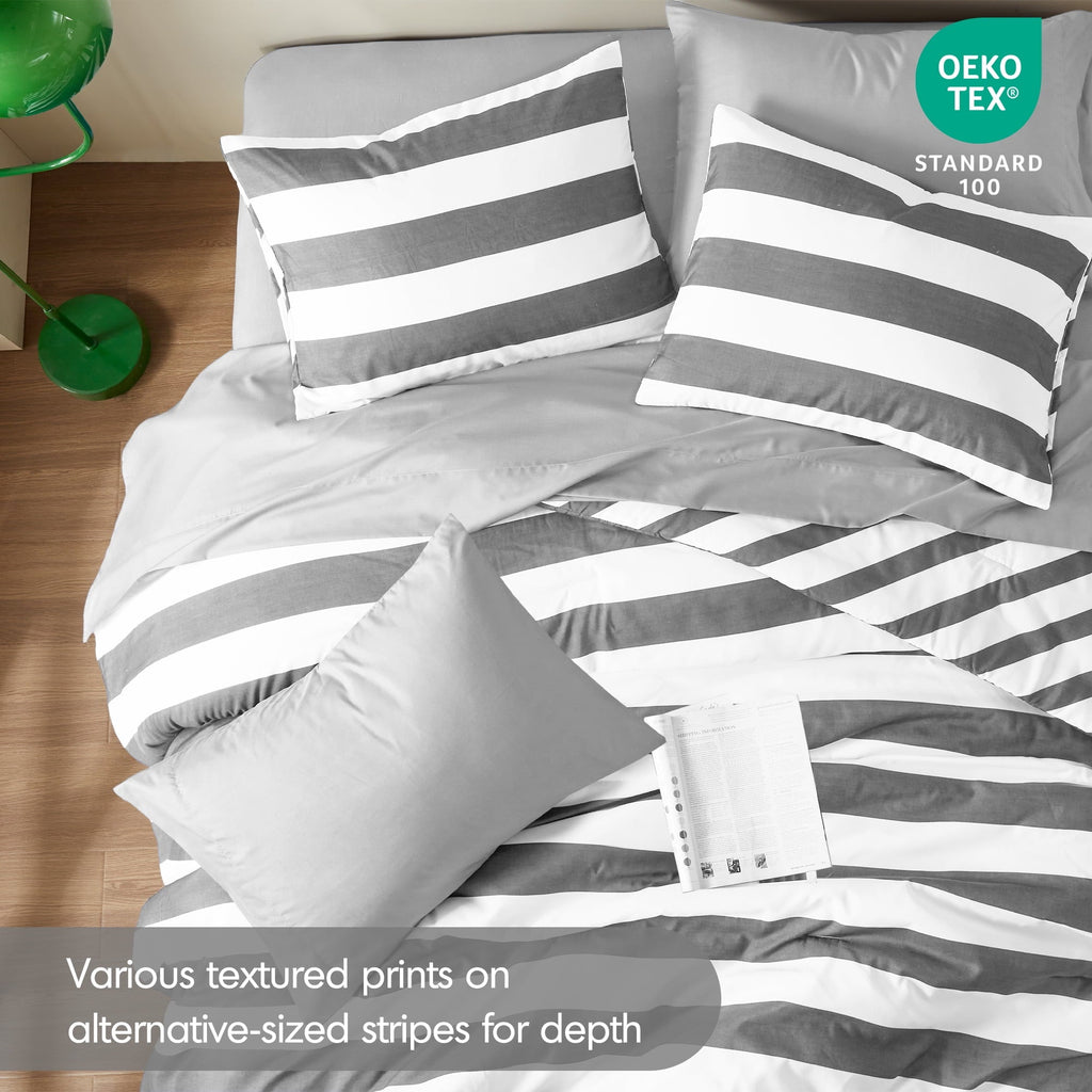 Heavyweight Warmth Full/Queen Size Comforter Sets, 3-Piece Bedding Set Full/Queen, Reversible Striped Comforter Bed Set, Charcoal - Cloud-Like Soft Lightweight Bed Comforter Detail