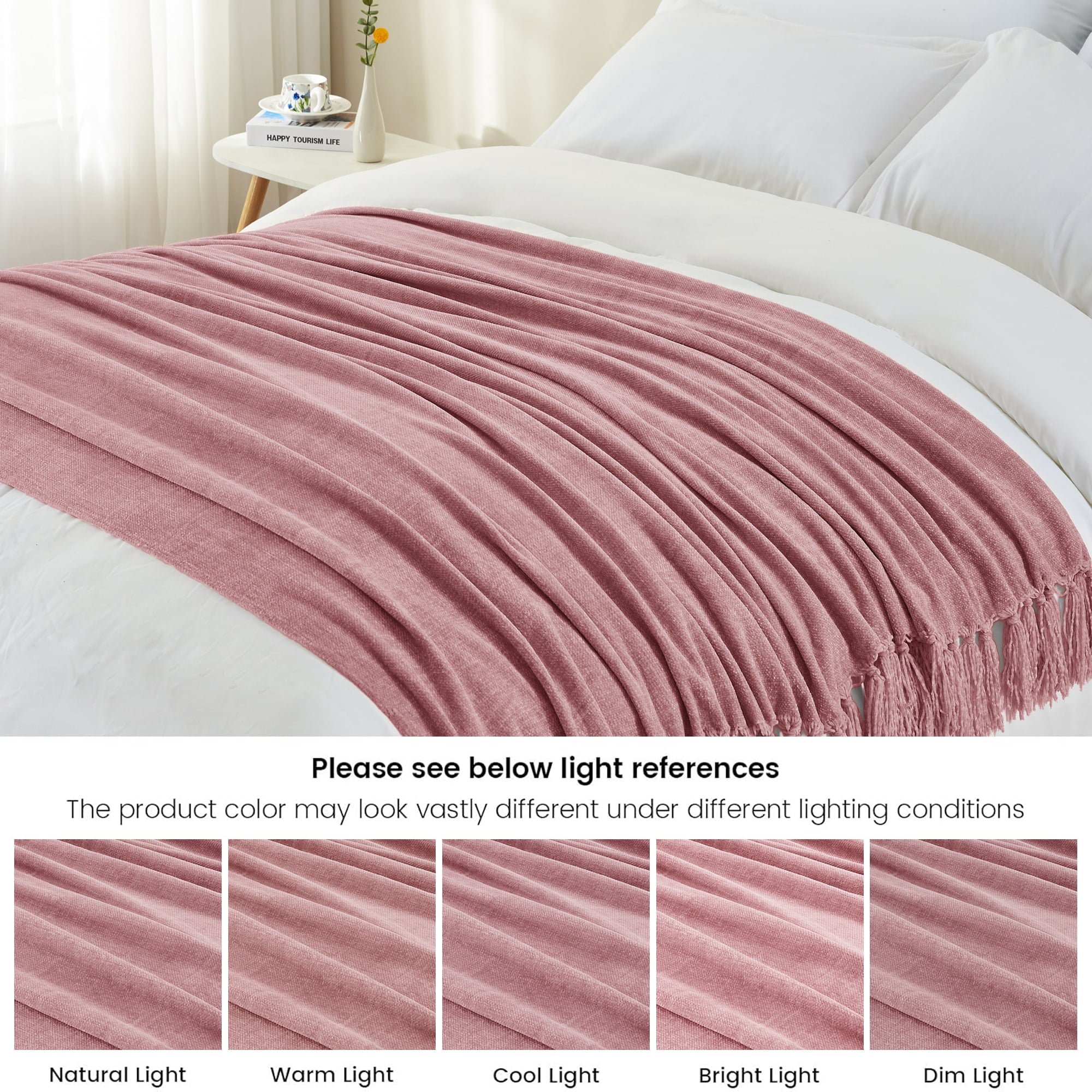 Reversible Sherpa Chenille Throw Blanket with Fringe Tassel for Couch Sofa Chair Bed, Mauve 50" X 70" - Luxury Knitted Decorative Throw Blanket with Fringes Detail