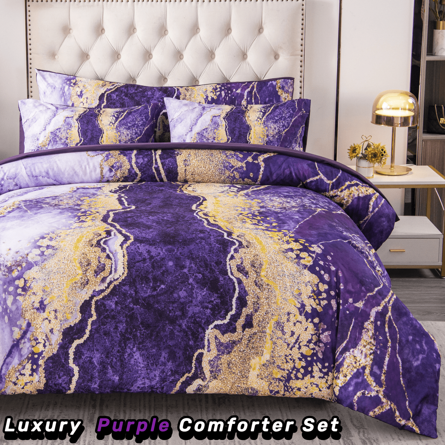 Luxurious Quilted 6 Pieces Queen Size Comforter Set Purple,Watercolor Marble Colorful Purple Bedding,Ultra Soft Purple Bed Set with Com... - Hypoallergenic Ultra-Fluffy Quilt for Winter Detail