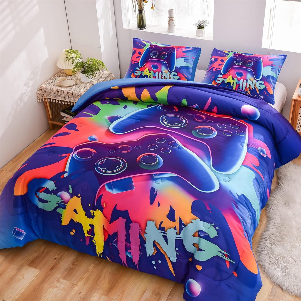 Heavyweight Warmth Purple Queen Gaming Comforter Sets for Boys Kids Bedding Sets Colorful Games Console Gamer Quilt Set - Cloud-Like Soft Lightweight Bed Comforter Detail
