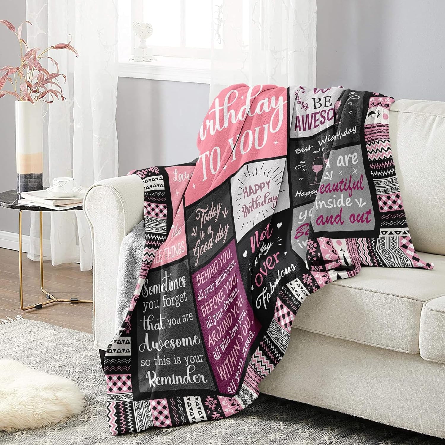 Reversible Sherpa Birthday Gifts for Women Girls Throw Blanket, Happy Birthday Decorations for Women, Gifts for Women Birthday Unique, ... - Cozy Fleece Throw Blanket for Couch & Bed Detail