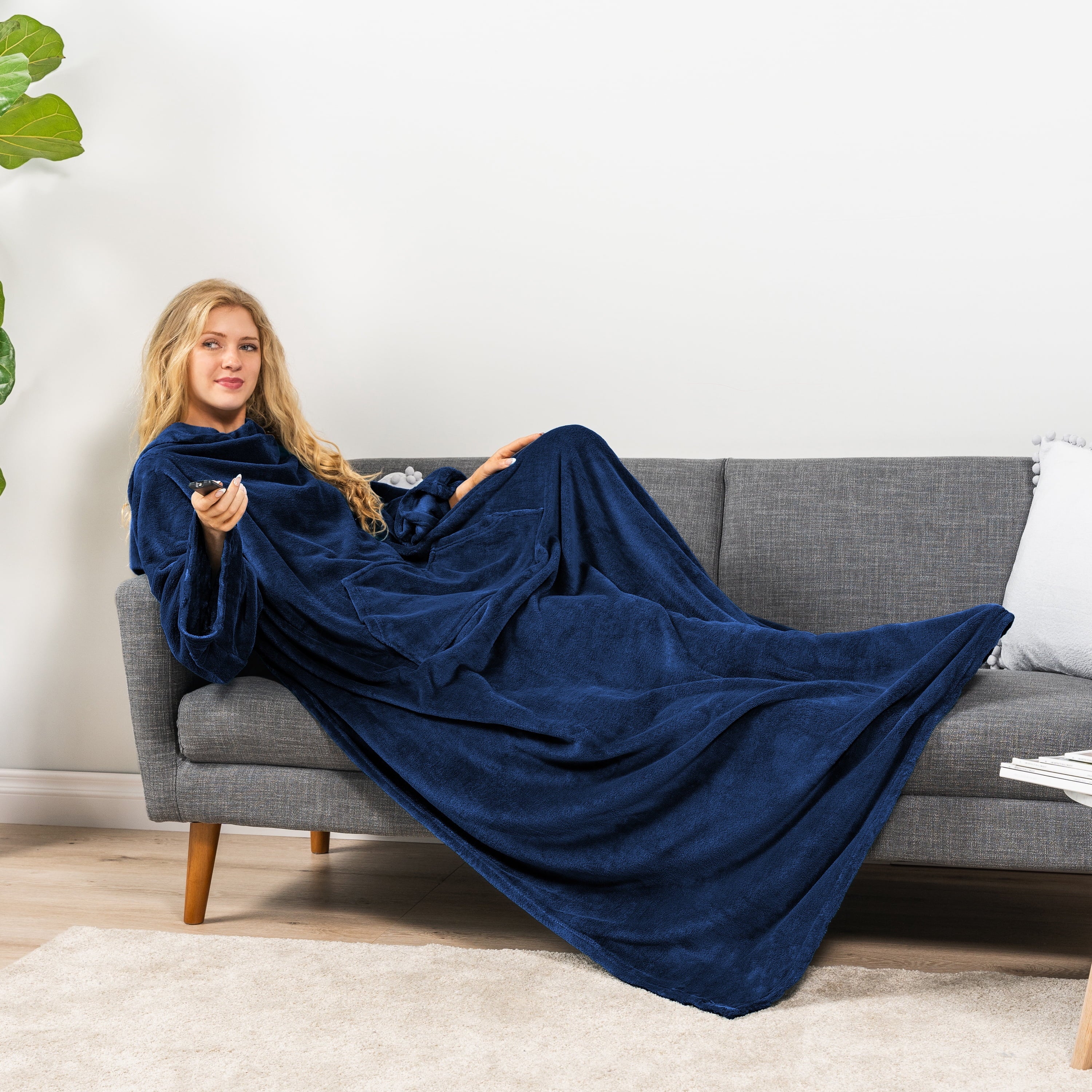 Decorative Knitted Navy Blue Fleece Wearable Blanket with Sleeves for Adults Women Men, Soft Warm Full Body Wrap Throw, Sweatshirt Pocke... - Cozy Fleece Throw Blanket for Couch & Bed Detail