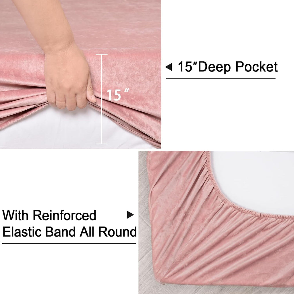 Breathable Luxury Truly Velvet Fitted Sheet Twin Size, Luxury Super Soft Flannel Bottom Sheet with 15" Deep Pocket for Winter, Pink - Breathable Egyptian Cotton Flat & Fitted Sheets Detail