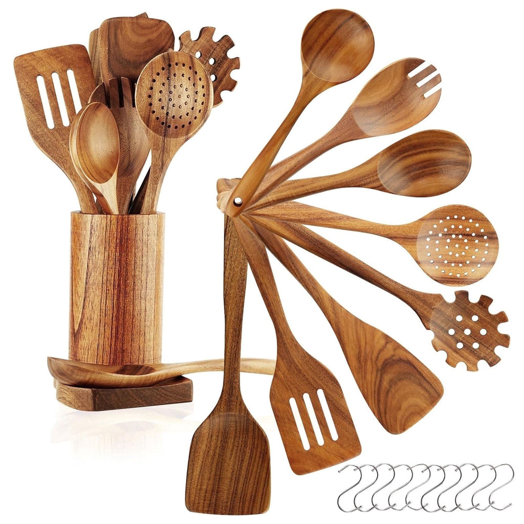 Heat-Resistant 10Pcs Wooden Spoons for Cooking, Smooth Finish Teak Wooden Utensils for Cooking, Soft Comfort-Grip Wood Spoons for Co... - Durable Turner & Ladle Utensil Set for Home Chefs - Default Title