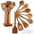 Heat-Resistant 10Pcs Wooden Spoons for Cooking, Smooth Finish Teak Wooden Utensils for Cooking, Soft Comfort-Grip Wood Spoons for Co... - Durable Turner & Ladle Utensil Set for Home Chefs - Default Title
