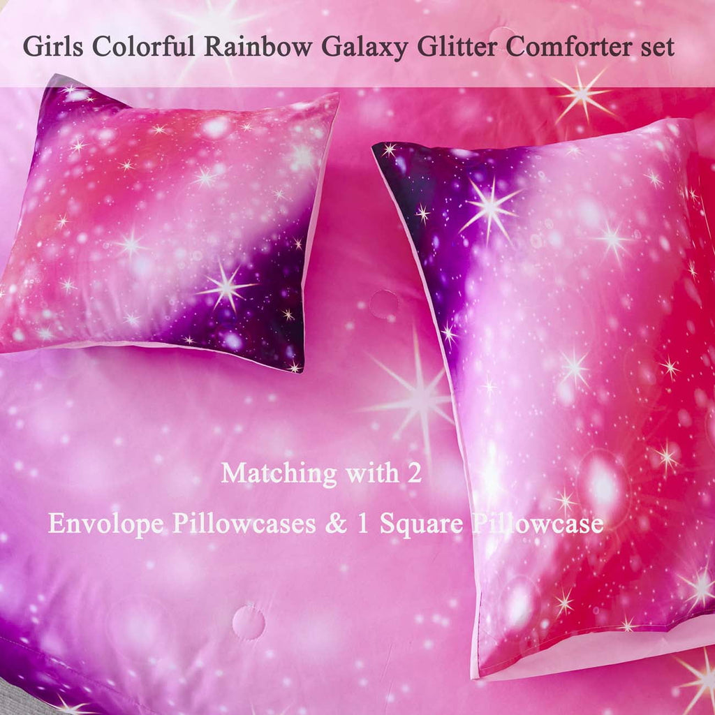 Fluffy Down Alternative 4Pcs Rainbow Twin Size Comforter Set for Girls, Pink Purple Gradient Glitter Kids Bedding Sets, Soft Galaxy Girls Bed... - All-Season Down Alternative Comforter Insert Detail
