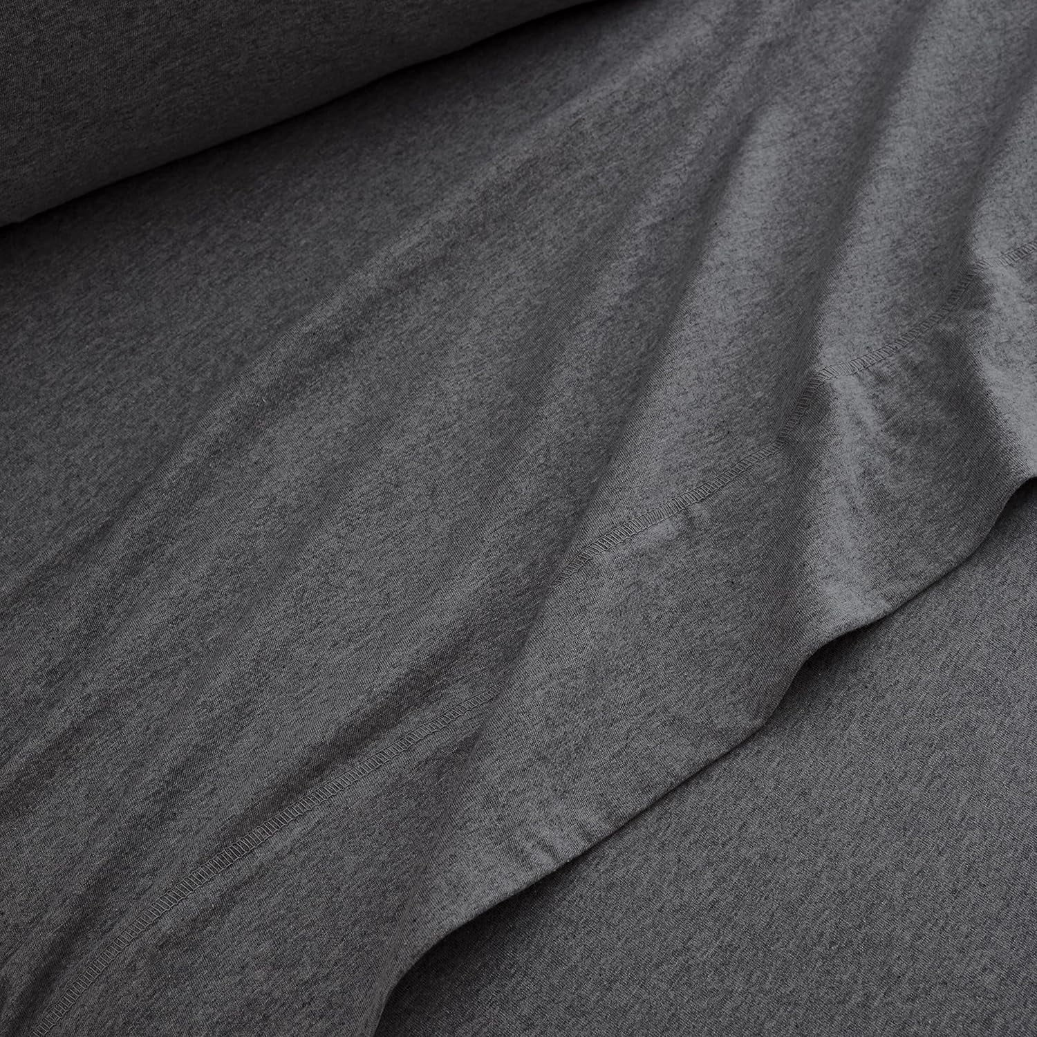 Cooling Sateen Jersey Sheet Set - 4 Pieces Queen Cotton Sheets Set - Stretchable Ultrasoft Luxury Knit Bed Linen (Dark Gray, Queen) - Luxury Bed Sheet Set with Deep Pockets Detail