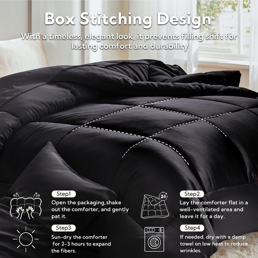 Fluffy Down Alternative Reversible Satin Microfiber Comforter 3 Pieces Queen Size, Black Queen Comforter Set for All Seasons, Silky Soft Sati... - Hypoallergenic Ultra-Fluffy Quilt for Winter Detail