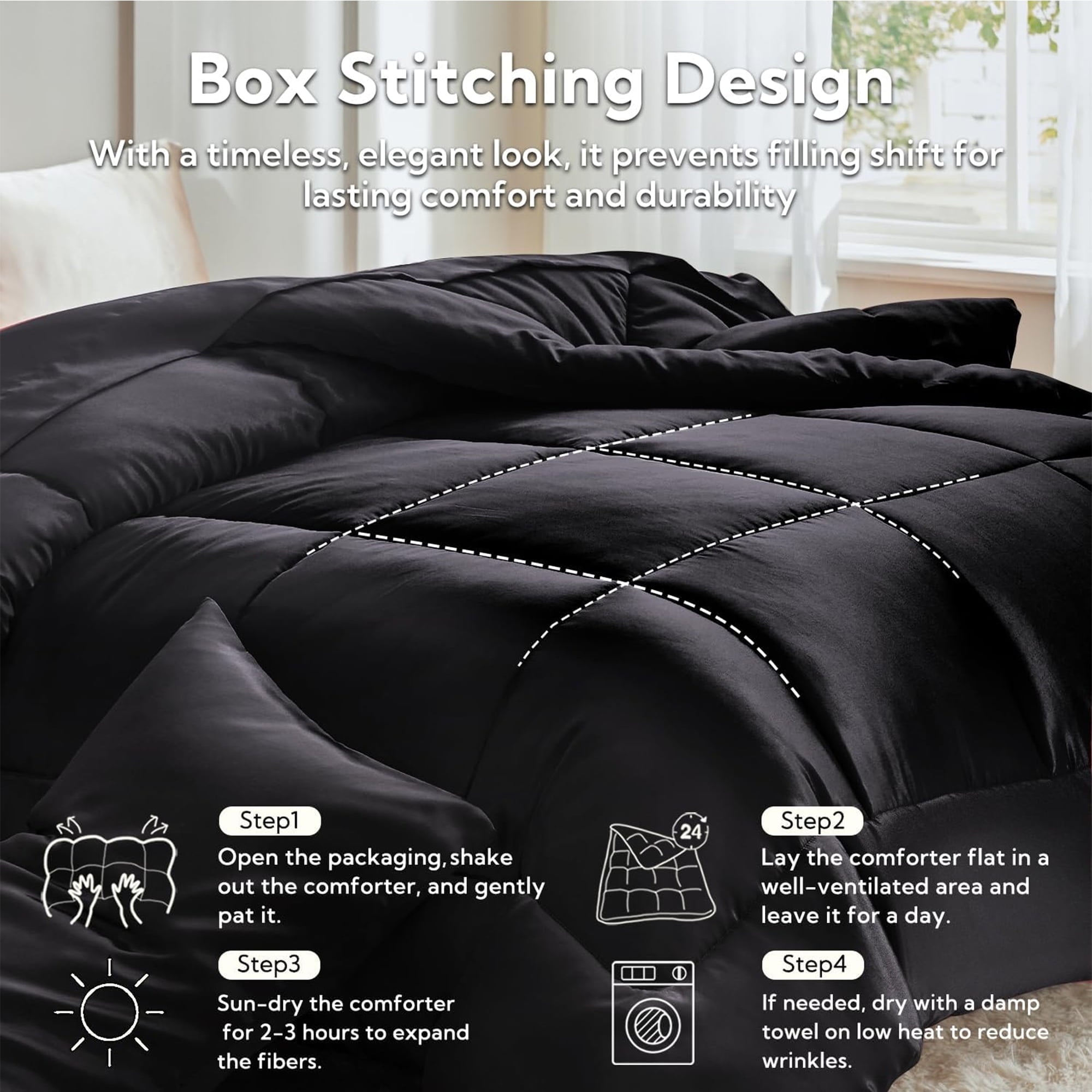 Fluffy Down Alternative Reversible Satin Microfiber Comforter 3 Pieces Queen Size, Black Queen Comforter Set for All Seasons, Silky Soft Sati... - Hypoallergenic Ultra-Fluffy Quilt for Winter Detail