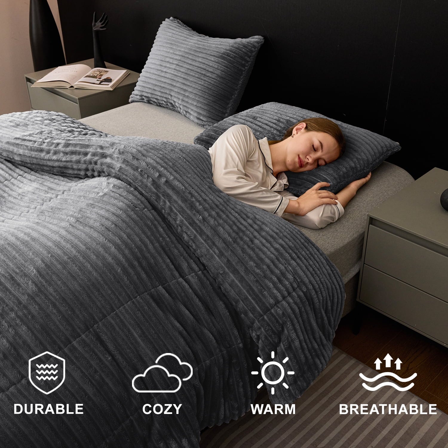 Hypoallergenic Cloud 3 Piece Fleece Queen Comforter Set - Soft & Warm Fluffy Dark Gray Sherpa Bedding , Fuzzy Heavy Double Sided Design Wi... - Luxurious Quilted Duvet Cover Set Detail