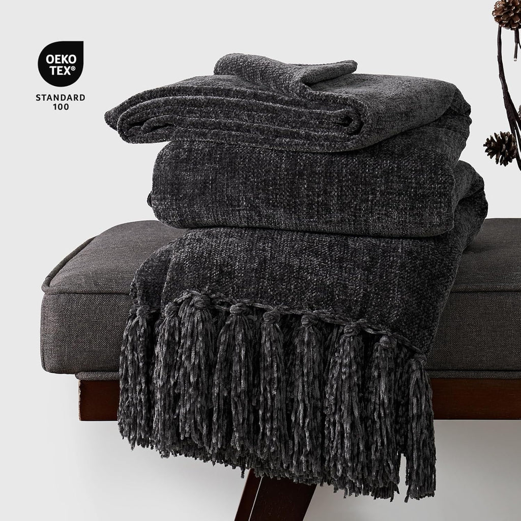 Reversible Sherpa Soft Chenille Throw Blanket for Couch, Cozy Plush Fuzzy Decorative Chenille Knit Throw Blanket with Tassels, Lightwei... - Lightweight Plush Warm Blanket for All Seasons Detail