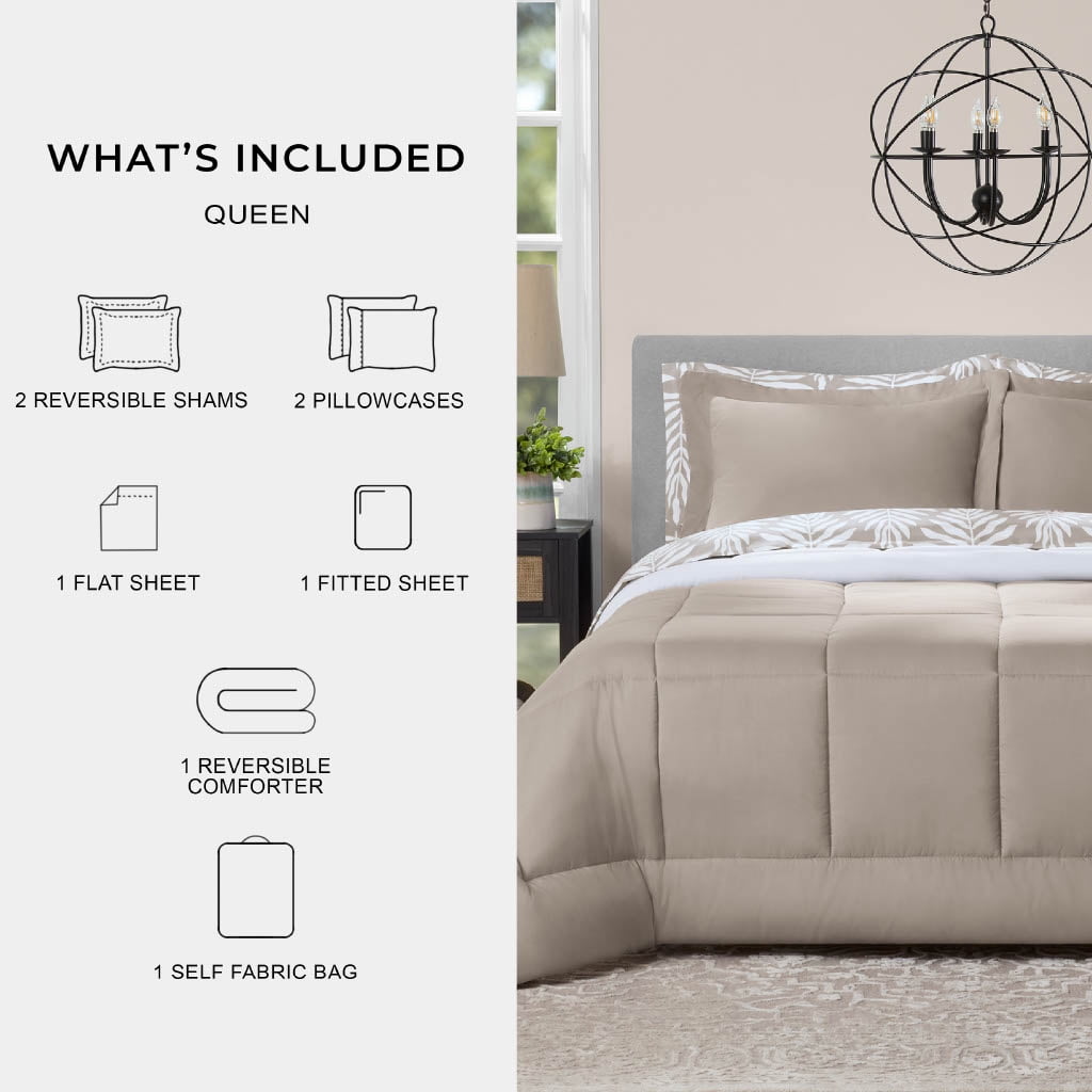 Fluffy Down Alternative All in One Reversible Comforter and Sheet Set- 7 Piece, Queen, Beige Palm - Hypoallergenic Ultra-Fluffy Quilt for Winter Detail
