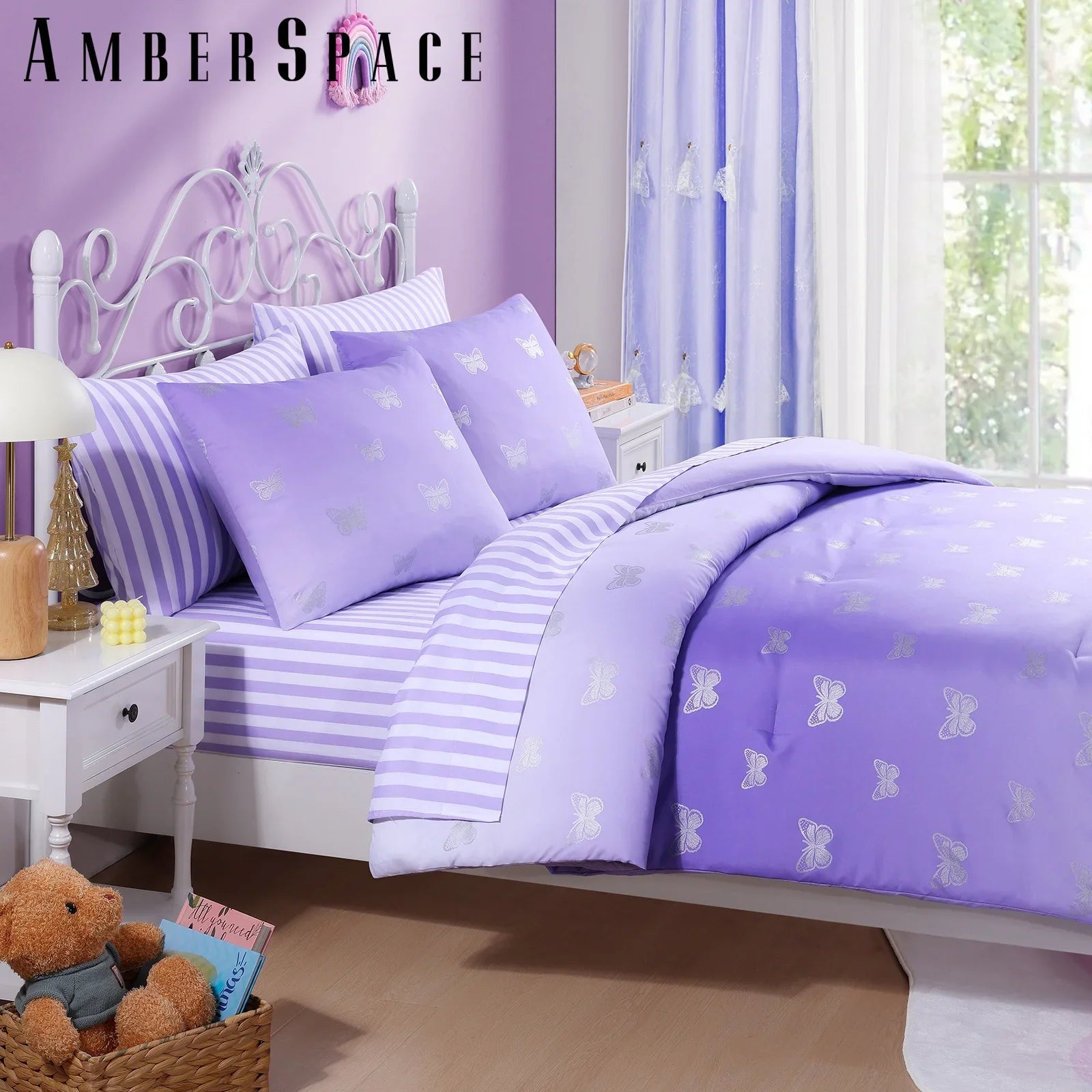 Luxurious Quilted gold foil Design 7-piece Bed in a Bag Comforter Set with Sheets,Purple/Silver Butterflies,Full - Luxurious Quilted Duvet Cover Set Detail