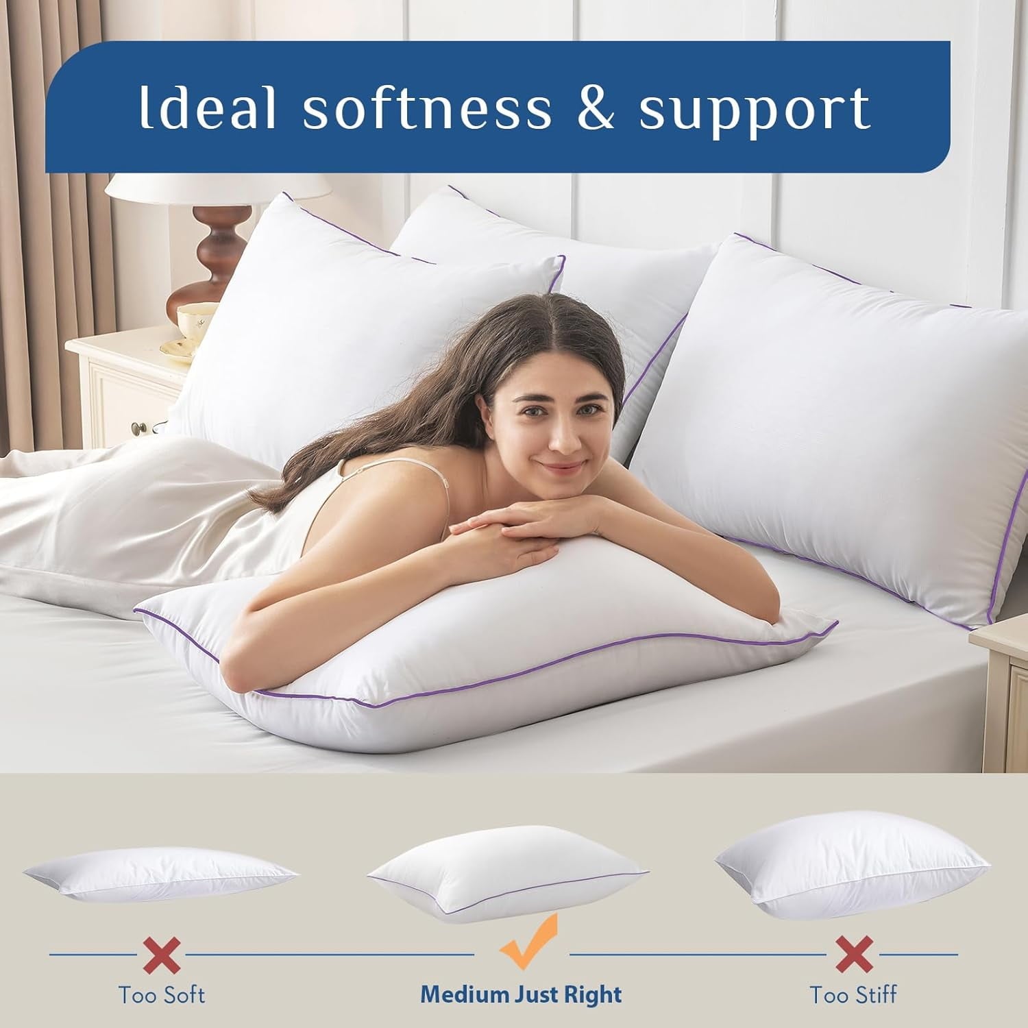 Orthopedic Support Set of 4, Cooling and Supportive Bed with Super Soft Down Alternative Fill, Luxury Fluffy Hotel Quality for Side, Bac... - Hotel Quality Plush Sleeping Pillows Detail