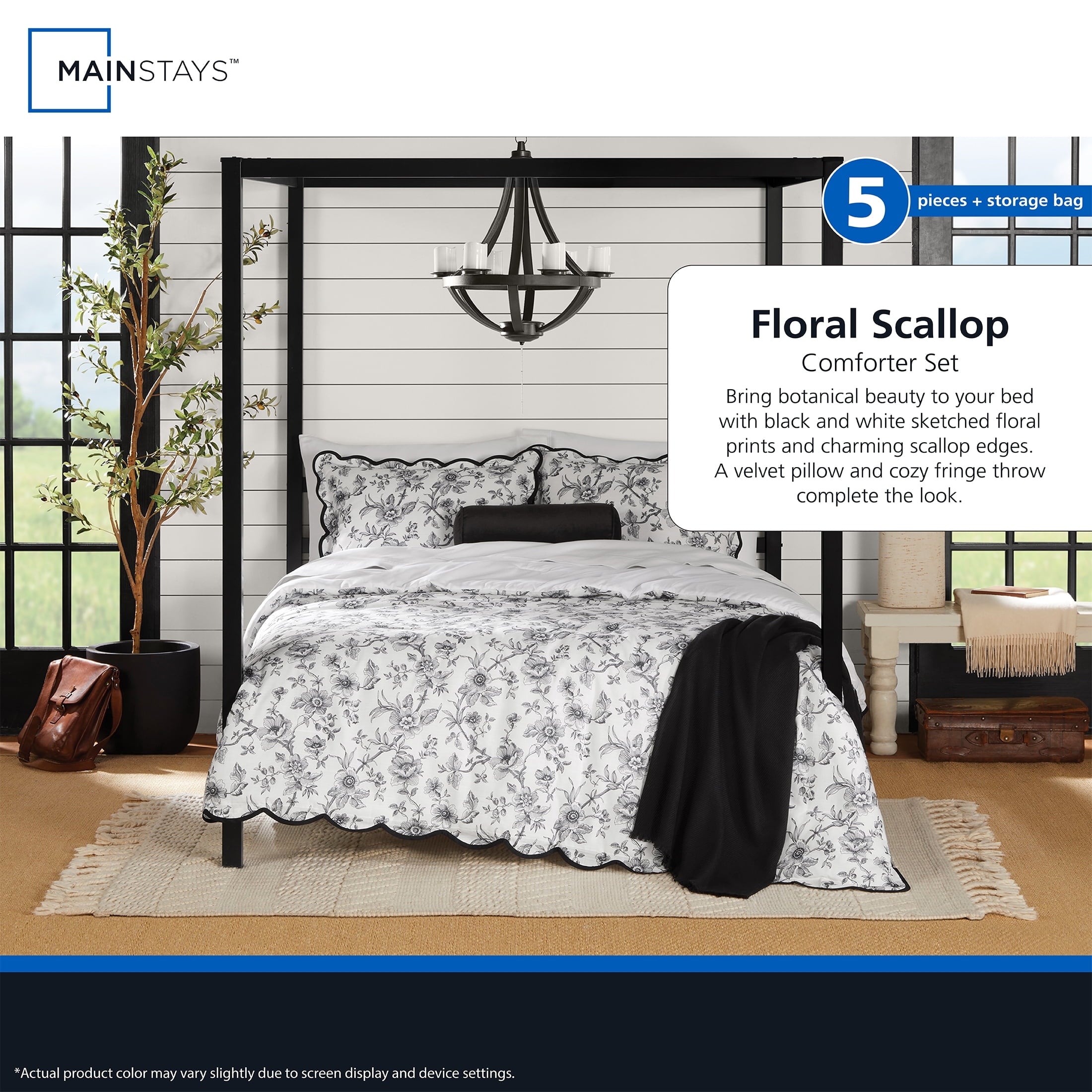 Heavyweight Warmth Floral Scallop 4-Piece White/Black Comforter Set, Twin/Twin XL - Luxurious Quilted Duvet Cover Set Detail