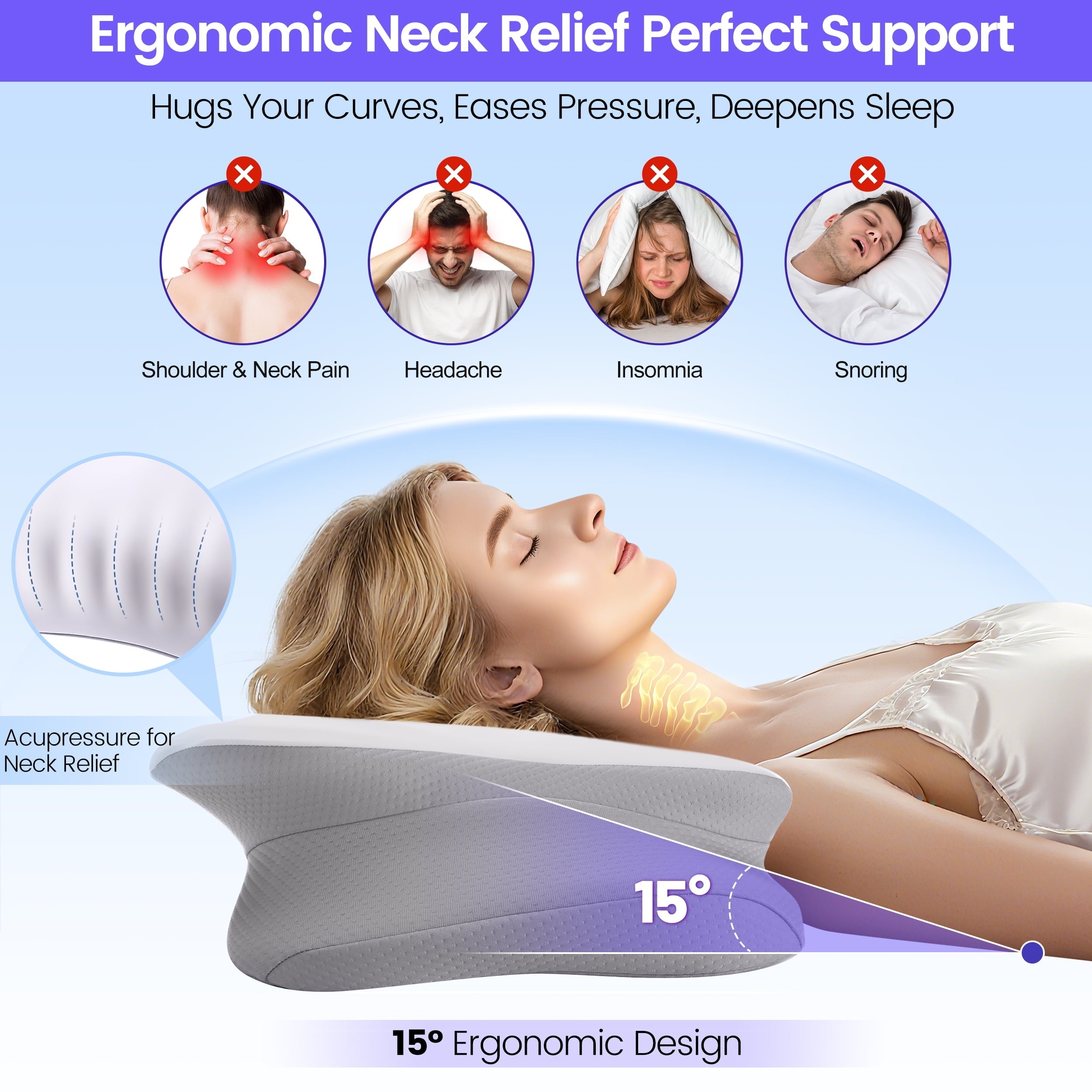 Fluffy Shredded Ergonomic Cervical Pillows，Memory Foam Bed Pillow for Neck & Shoulder Pain Relief for Side Back Stomach Sleepers White - Ergonomic Memory Foam Pillow for Neck Pain Support Detail