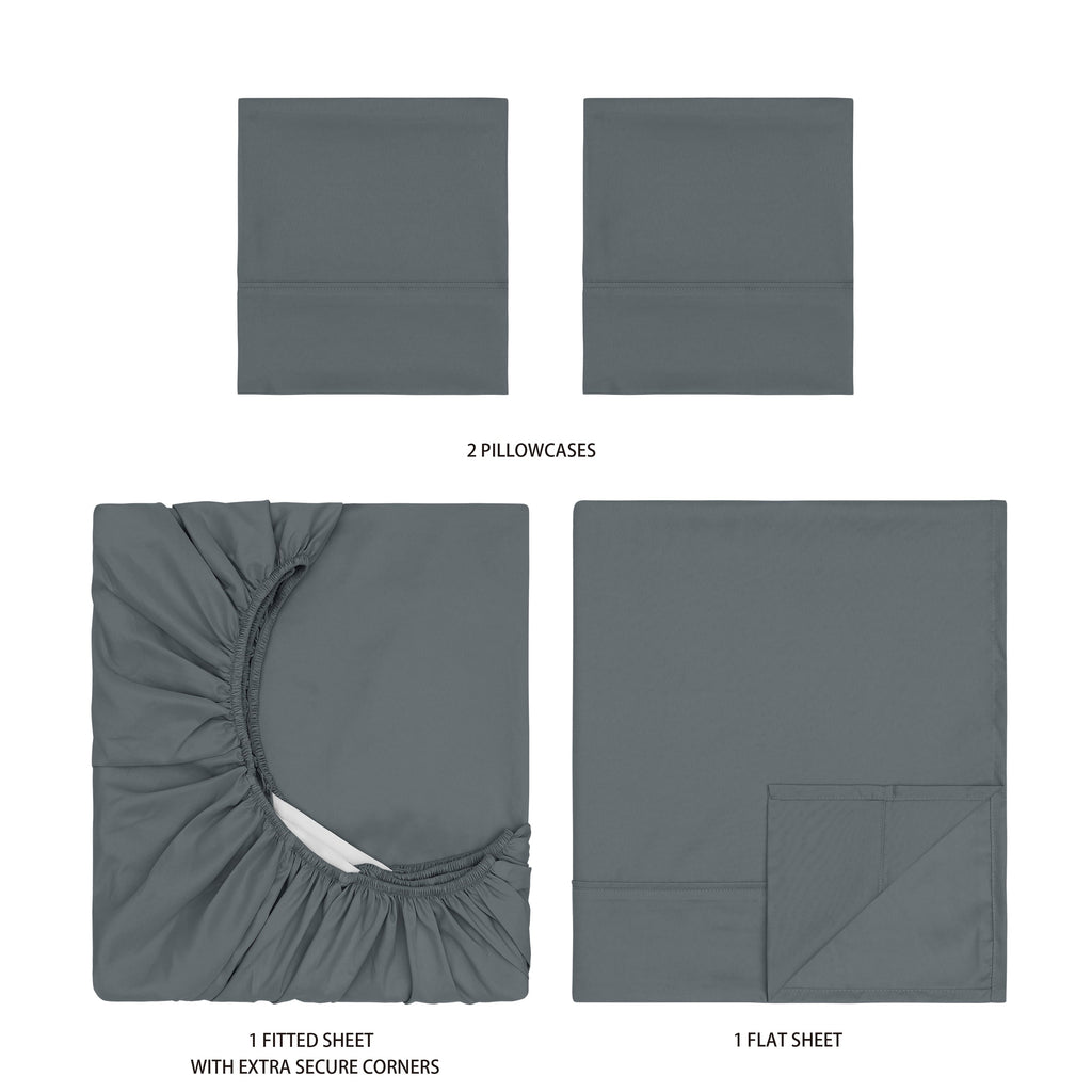 Ultra-Soft Super Soft Brushed Microfiber Bed Sheet Set, Soothing Gray, Queen, 4 Piece - Breathable Egyptian Cotton Flat & Fitted Sheets Detail