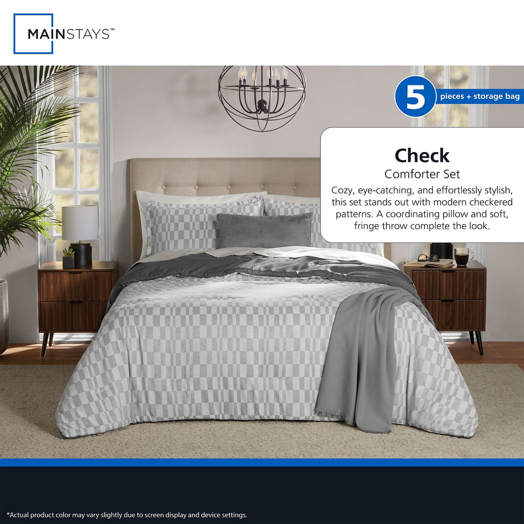 All-Season Full/Queen Comforter Set, All-Season, 5-Piece, Soft Silver Check - All-Season Down Alternative Comforter Insert Detail