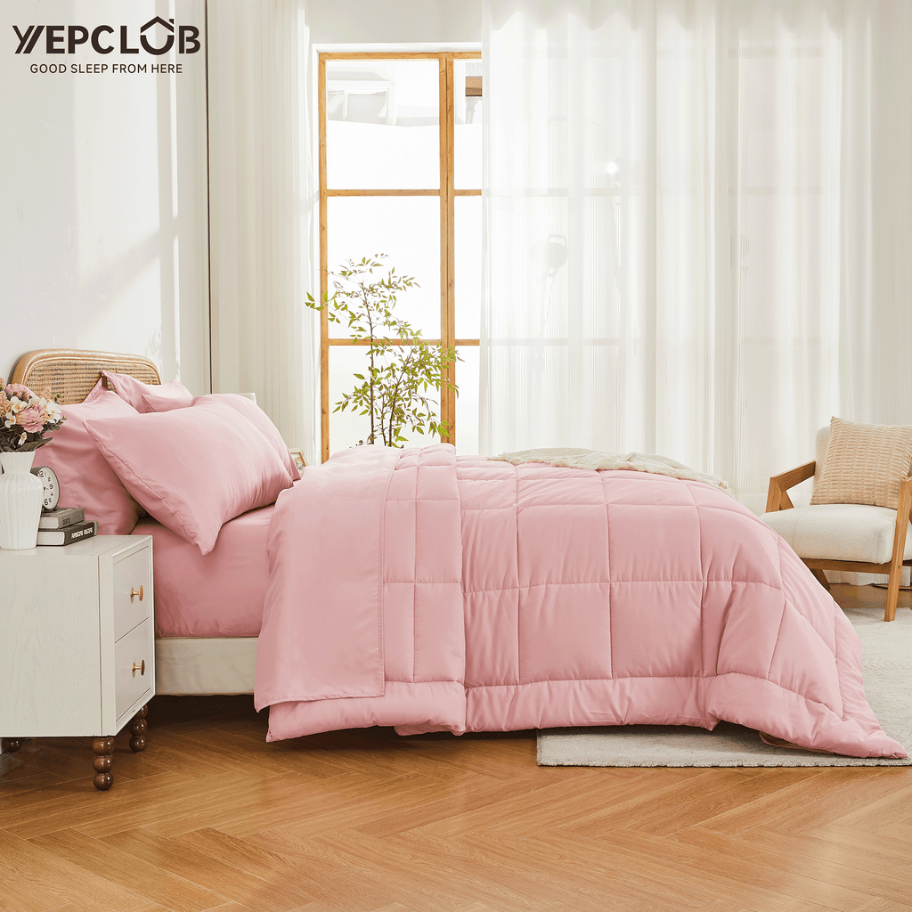 Fluffy Down Alternative 7-Piece Queen Size Comforter Set,Pink Reversible Bed in a Bag,All Season Solid Bedding Set with Sheets,Pillowcases & ... - Hypoallergenic Ultra-Fluffy Quilt for Winter Detail