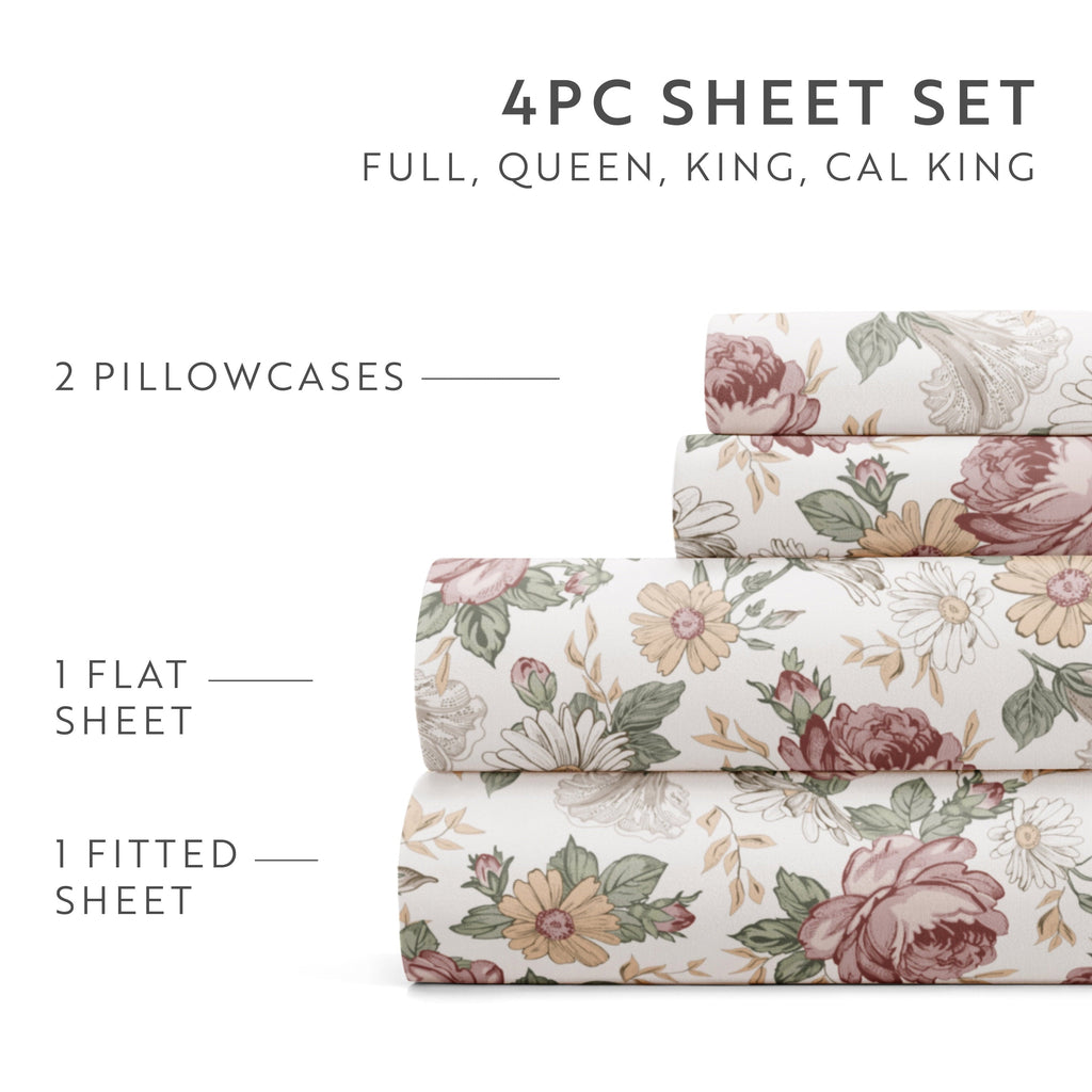 Cooling Sateen 4 Piece Pattern Microfiber Bed Sheets Set, Blooming Floral Rose, Queen - Cooling Hotel Quality Bedding Sheets and Pillowcases Detail