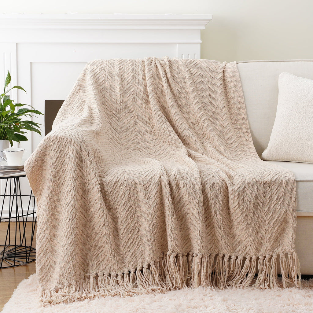 Decorative Knitted Beige Throw Blanket,Textured Knitted Tan Throws with Tassels,Neutral Sofa Bed Throws,50"x60" - Luxury Knitted Decorative Throw Blanket with Fringes Detail