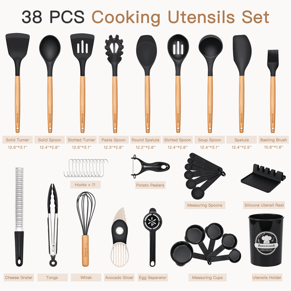 Durable Steel Silicone Cooking Utensils Set, 38 PCS Kitchen Utensils Set for 446°F Heat Resistant, Food Grade Utensil Sets with Woo... - High-Precision Culinary Tool for Baking & Cooking Detail