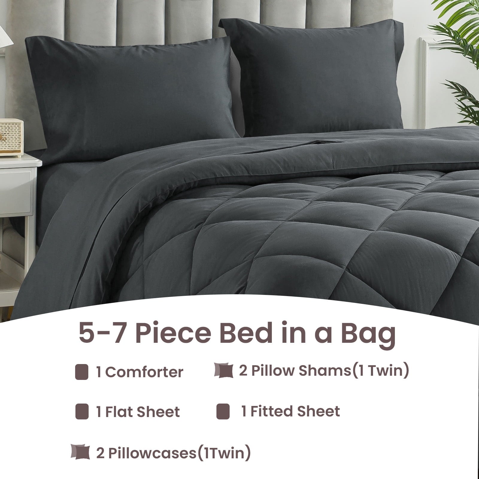 All-Season Queen Bed in a Bag Comforter Set with 7 Pieces - Dark Gray All Season Bedding Sets with Comforter, Pillow Shams, Flat... - All-Season Down Alternative Comforter Insert Detail