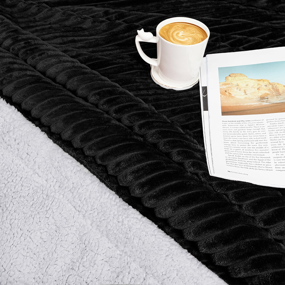 Cozy Fleece Reversible Sherpa Fleece Throw Blanket Black, Plush Flannel Throw, Ultra Soft Warm Ribbed Microfiber Blanket for Sofa... - Super Soft Reversible Sherpa Flannel Blanket Detail
