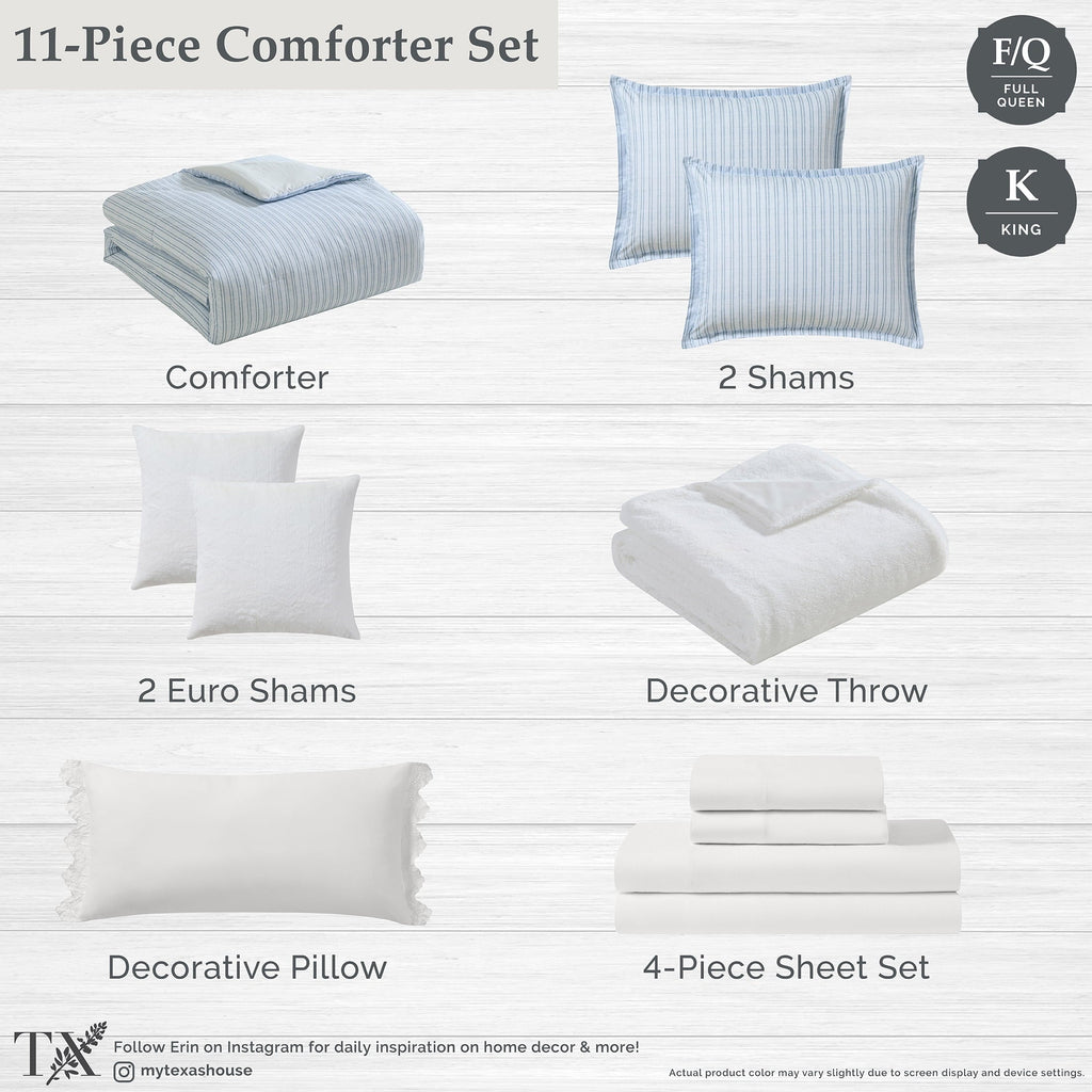 Luxurious Quilted Stripe 11-Piece Comforter Set with Sheets, Blue, Queen - Cloud-Like Soft Lightweight Bed Comforter Detail