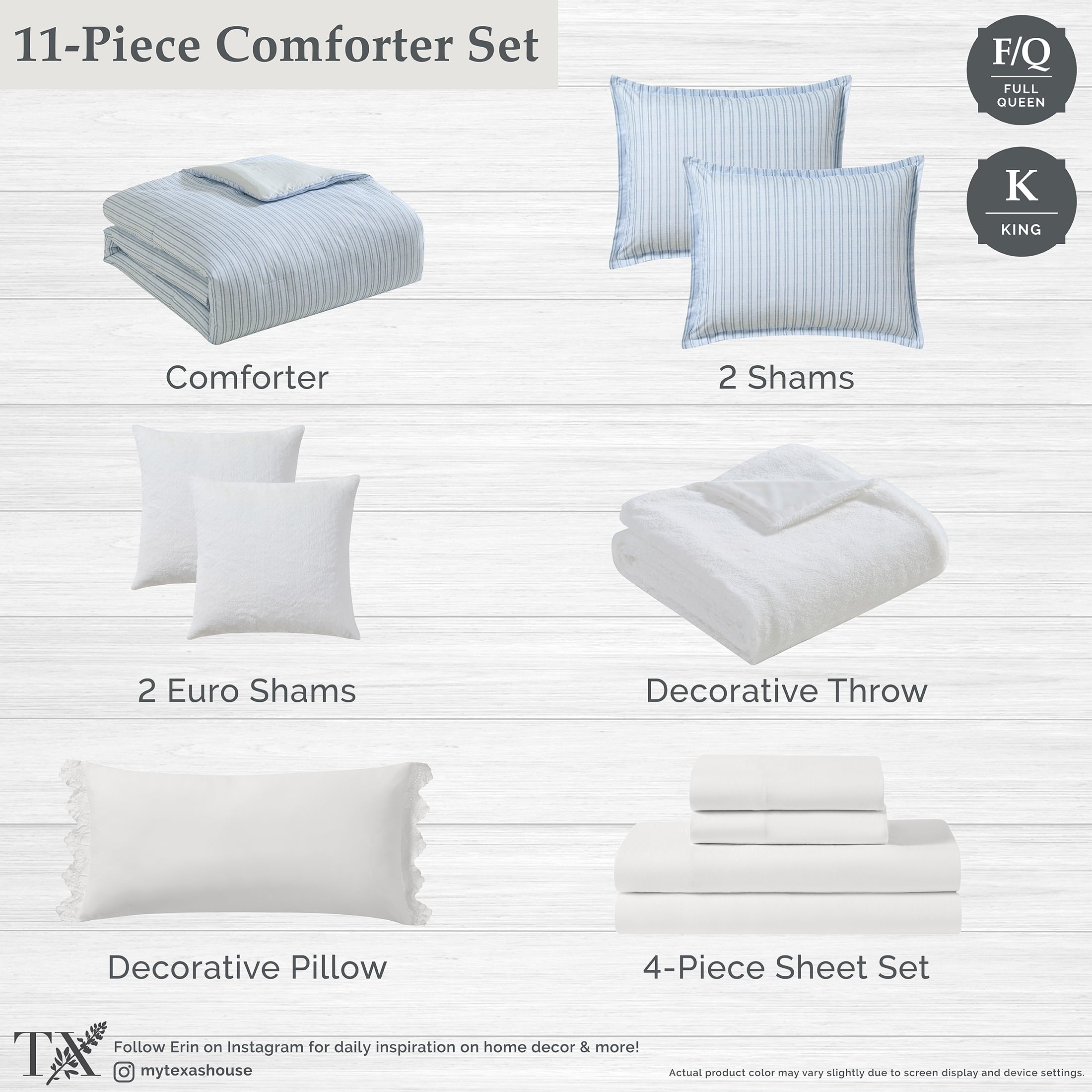 Luxurious Quilted Stripe 11-Piece Comforter Set with Sheets, Blue, Queen - Cloud-Like Soft Lightweight Bed Comforter Detail