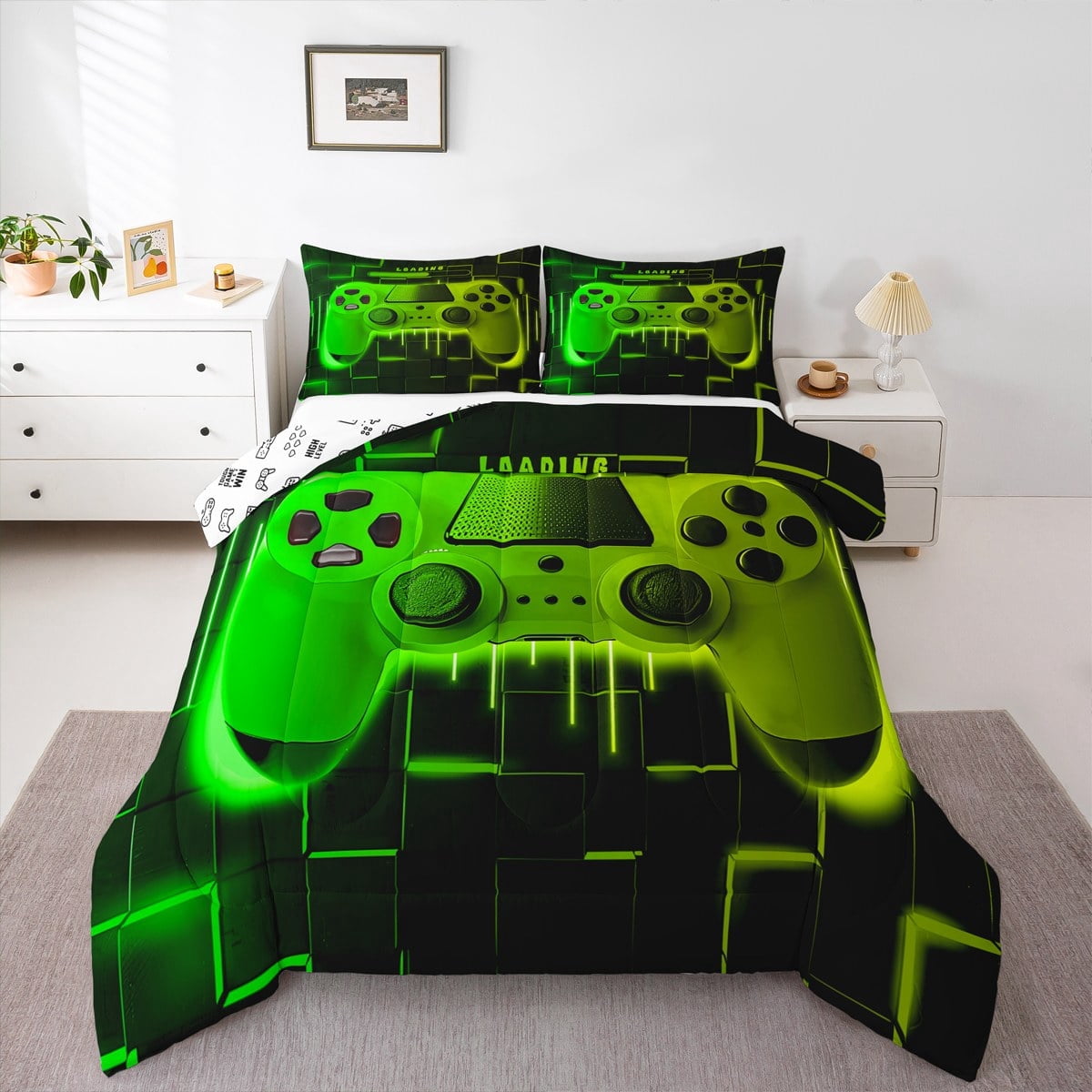 Fluffy Down Alternative Green Yellow Gaming Full Size Comforter Sets - Gamer Comforter Full Size Bedding Set, Neon Lights Abstract Geometry D... - Cloud-Like Soft Lightweight Bed Comforter Detail