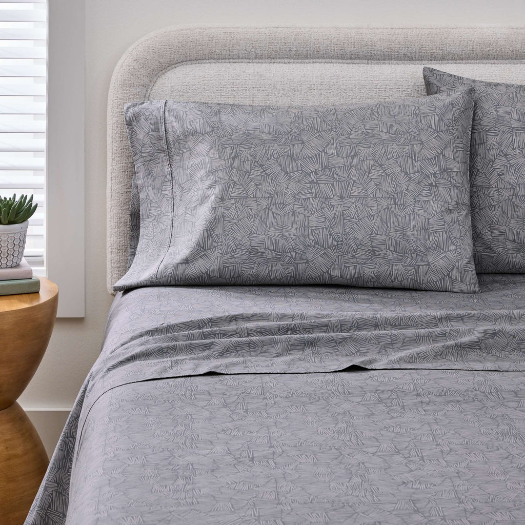 Breathable Luxury 300 Thread Count 4-Piece Cotton Percale Ziggy Geo Print Grey Bed Sheet Set, King - Premium Ultra-Soft Pillowcase Pair for Sleeping Detail