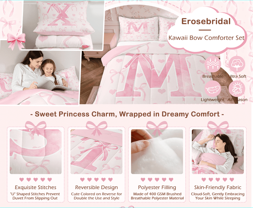 Heavyweight Warmth Kawaii Bowknot Bedding Sets Full with Comforter, Initial H Duvet Insert, Romantic Initial A-Z Decor, Reversible - Luxurious Quilted Duvet Cover Set Detail