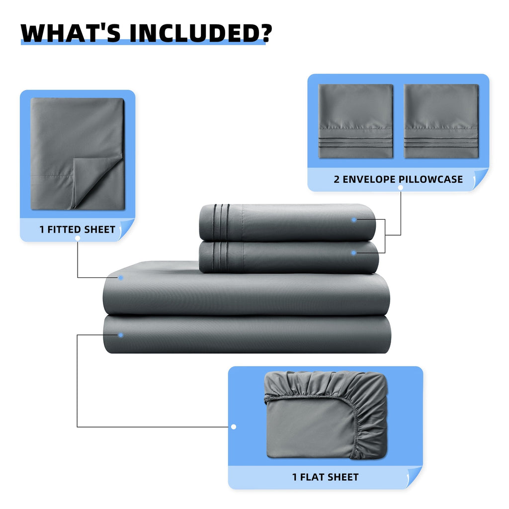 Ultra-Soft Shilucheng 4 Pieces Luxury Bed Sheets Set, Plush Microfiber Bed Sheets, 16" Deep Pocket, Queen, Dark Gray - Cooling Hotel Quality Bedding Sheets and Pillowcases Detail