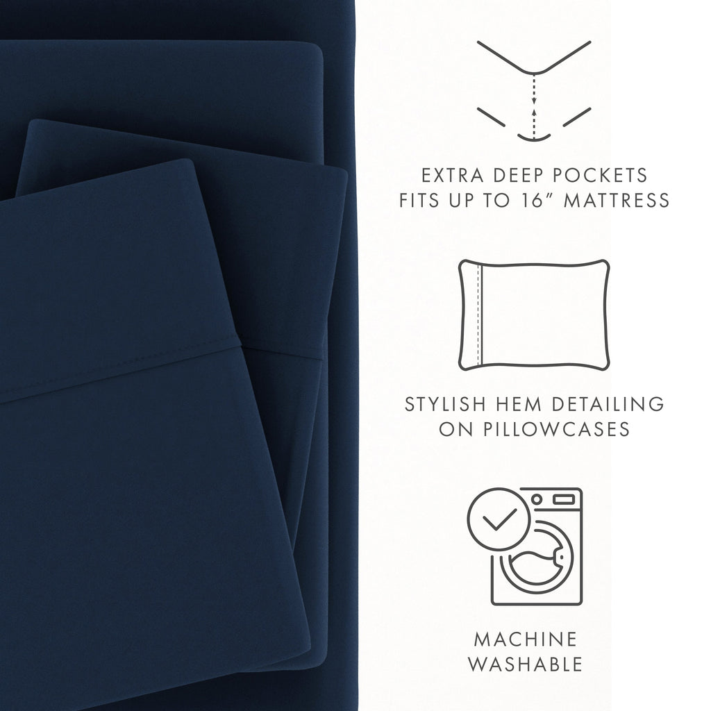 Premium Egyptian Cotton 4 Piece Solid Microfiber Bed Sheet Set, Navy, Queen - Cooling Hotel Quality Bedding Sheets and Pillowcases Detail