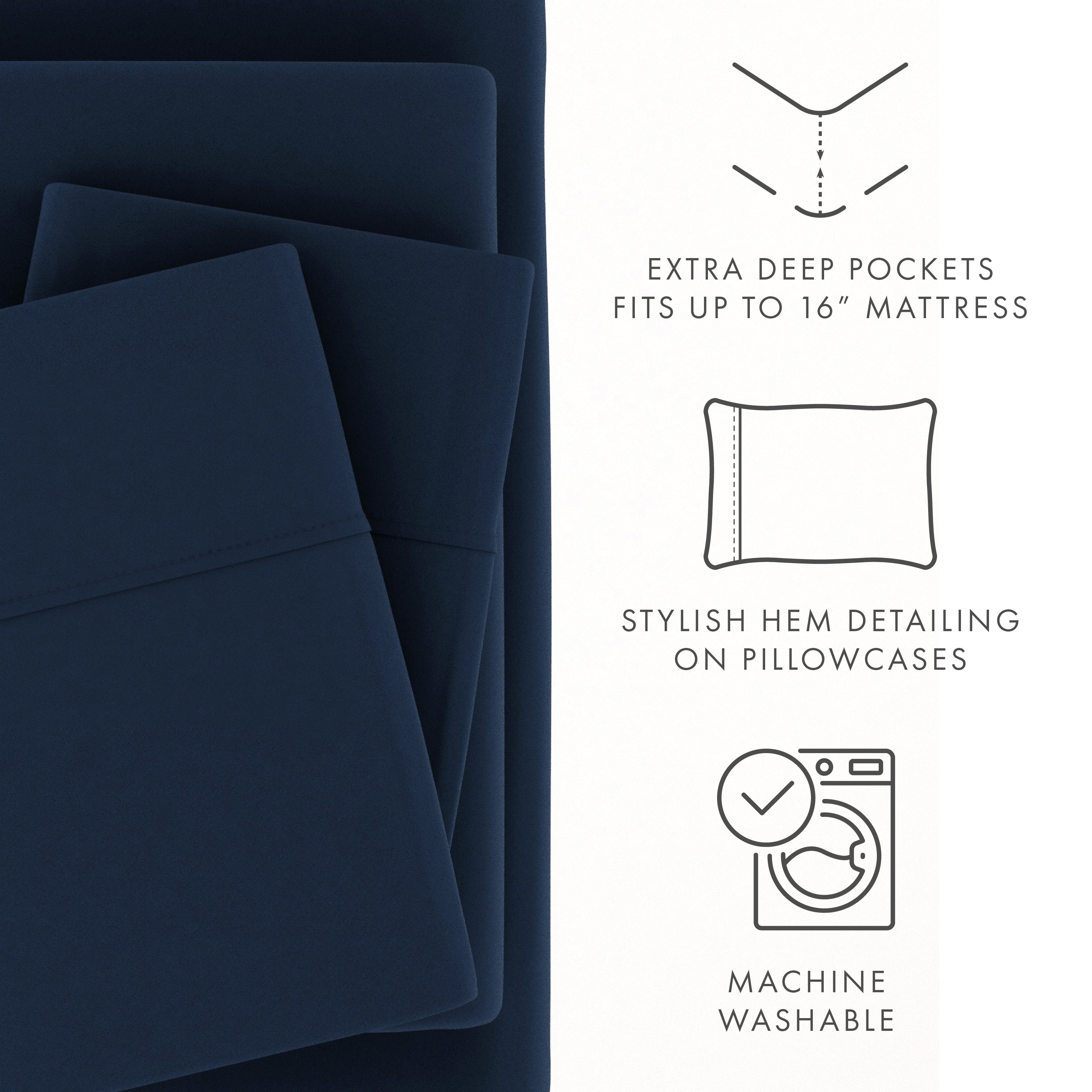 Premium Egyptian Cotton 4 Piece Solid Microfiber Bed Sheet Set, Navy, Queen - Cooling Hotel Quality Bedding Sheets and Pillowcases Detail