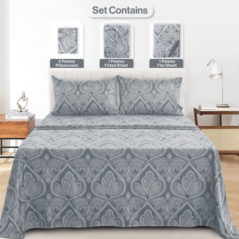 Ultra-Soft Lux Decor 4 Piece Queen Sheet Set, Brushed Microfiber Paisley Printed Bed Sheet Set with up to 16" Deep Pocket Fitted... - Premium Ultra-Soft Pillowcase Pair for Sleeping Detail