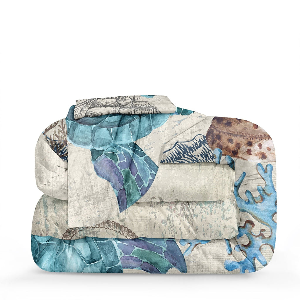 Luxurious Quilted Sea Turtle Comforter Set Queen Ocean Beach Bedding Set Soft and Lightweight Retro Style Design Coastal Bedding Set - Luxurious Quilted Duvet Cover Set Detail