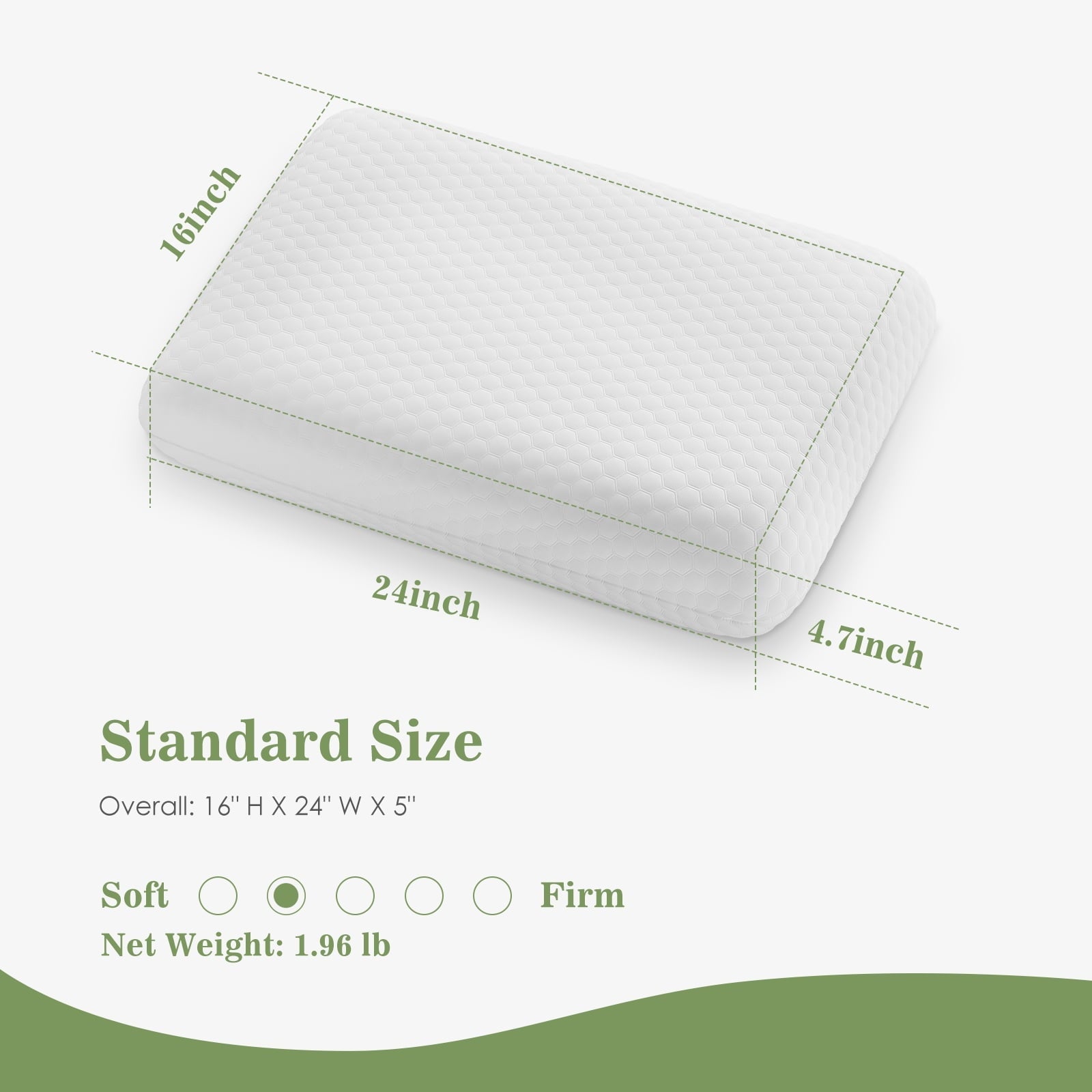 Ergonomic Memory Foam Memory Foam Pillow for Sleeping, 24"D x 16"W x 4.7"H, Soft Supportive Hotel Pillow for Bed, Washable Cover, Set of 2 - Ergonomic Memory Foam Pillow for Neck Pain Support Detail