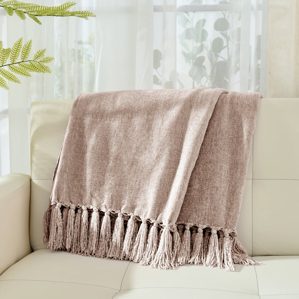 Reversible Sherpa Chenille Throw Blanket with Fringe Tassel for Couch Sofa Chair Bed, Taupe 50" X 60" - Cozy Fleece Throw Blanket for Couch & Bed Detail