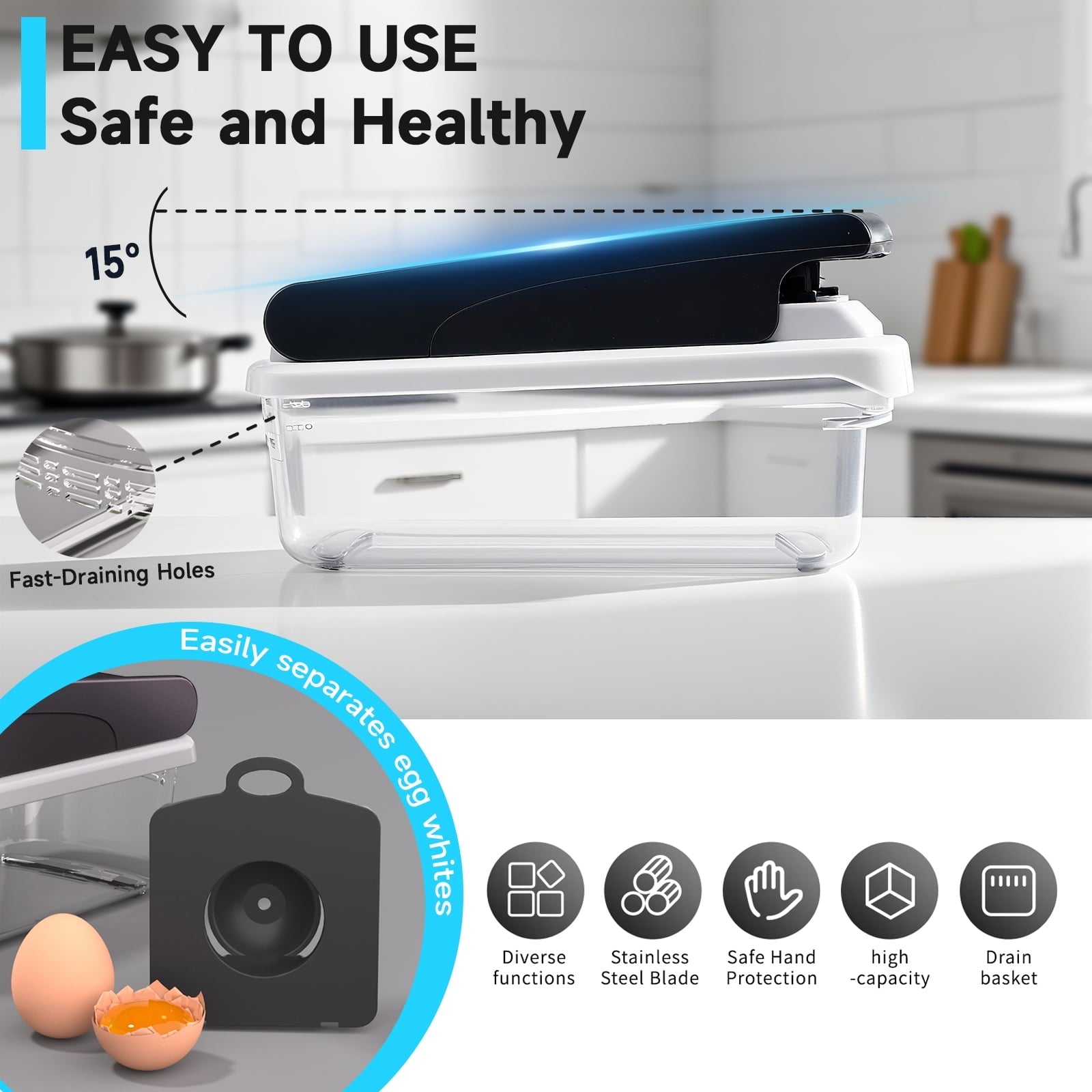 Ergonomic Manual Vegetable Chopper Food Slicer, 15 in 1 Multi-Function Food Chopper for Onion, Veggie, Cheese Grater, Vegetable... - Premium Stainless Steel Garlic Presser & Peeler Detail